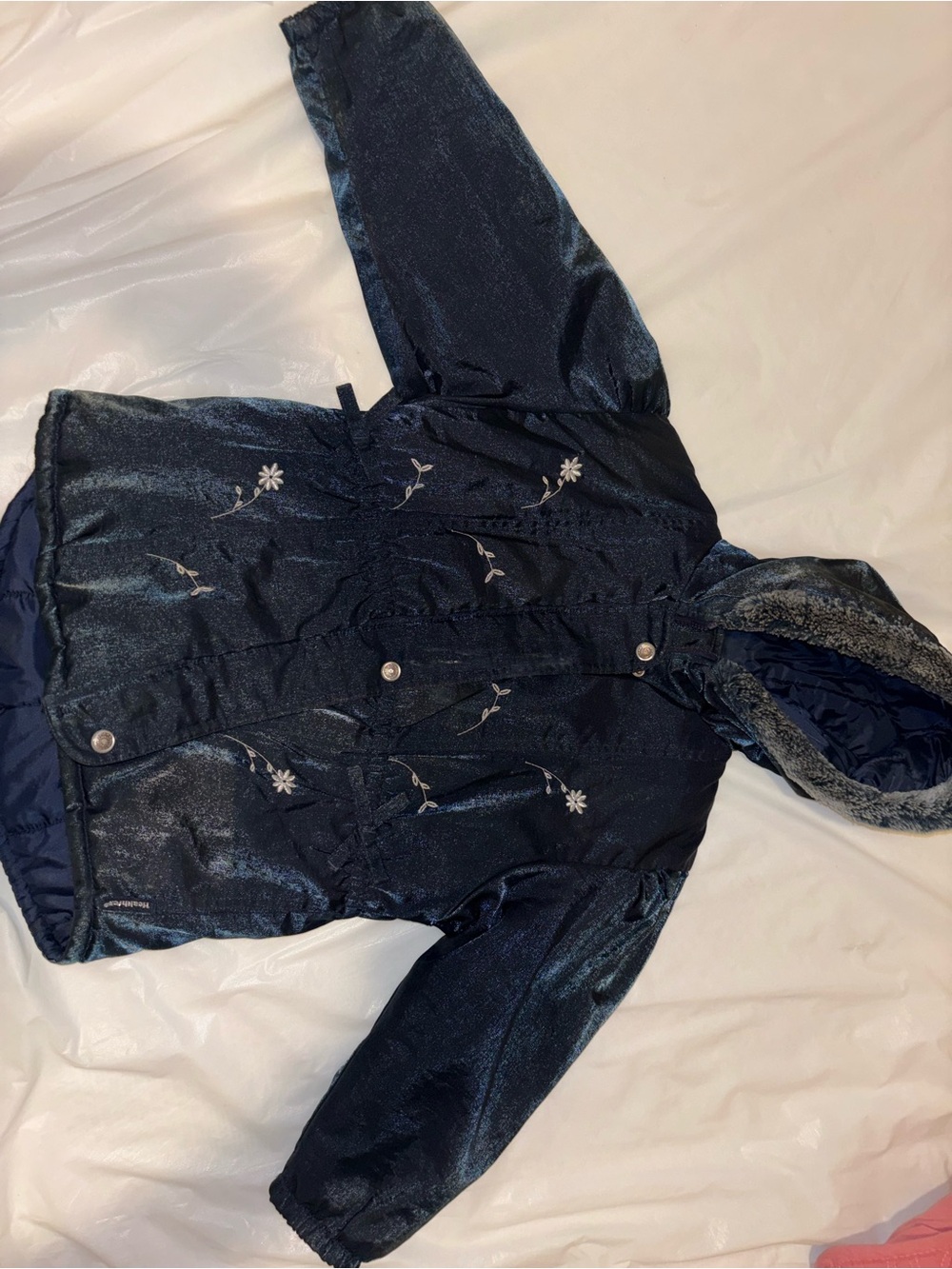 Vintage Girls' Sparkle Navy Hooded Puffer Jacket with Floral Embroidery